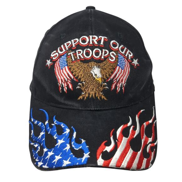 Support Our Troops U.S. Flag Strapback Baseball Cap Black OS Hi-Way Distributing - Picture 1 of 10